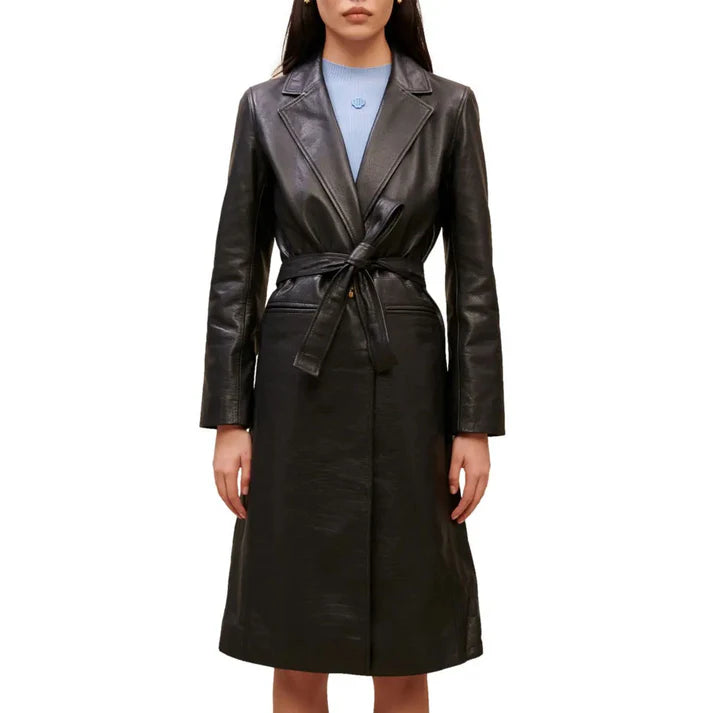 Womens Classic Black Leather Trench Coat