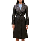 Womens Classic Black Leather Trench Coat