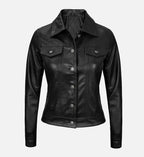 Women Black Trucker Leather Jacket