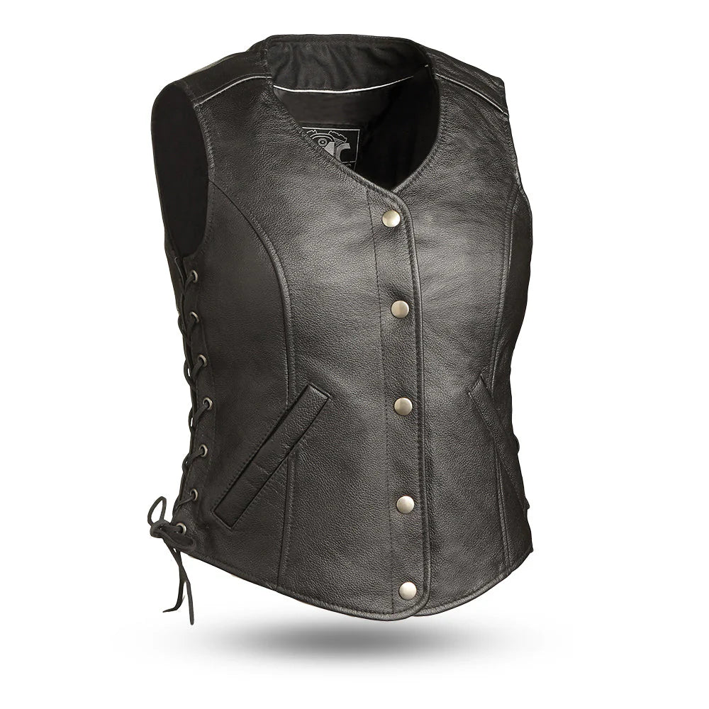 Women Black Side Lace Motorcycle Leather Vest