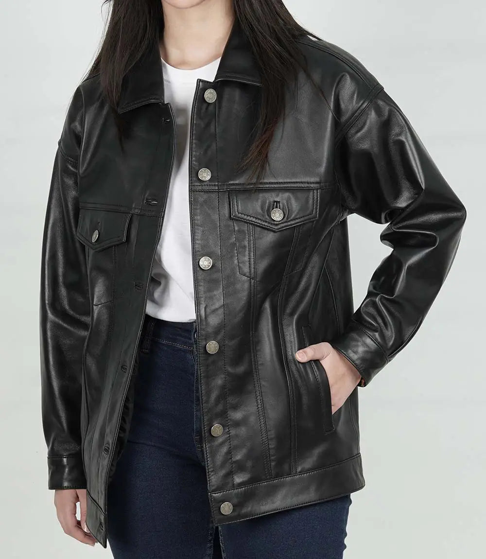 Womens Black Leather Oversized Trucker Jacket