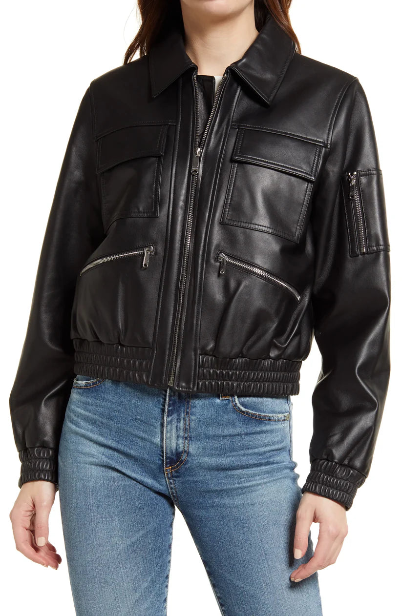 Womens Black Tall Leather Bomber Spread jacket