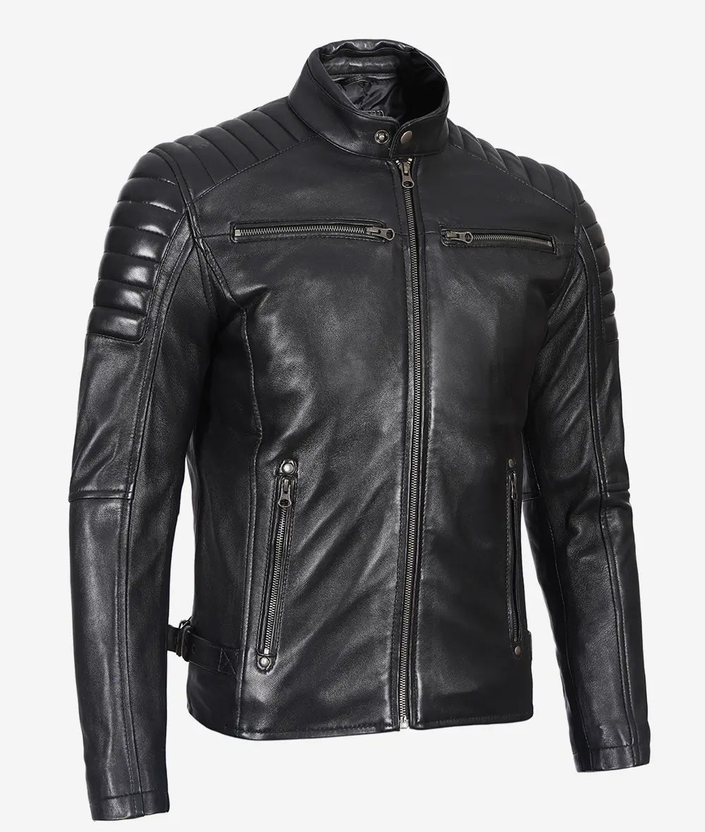 Stylish Men's Black Biker Jacket Padded Leather Shoulders