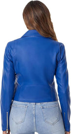 Blue Biker Cropped Leather Jacket