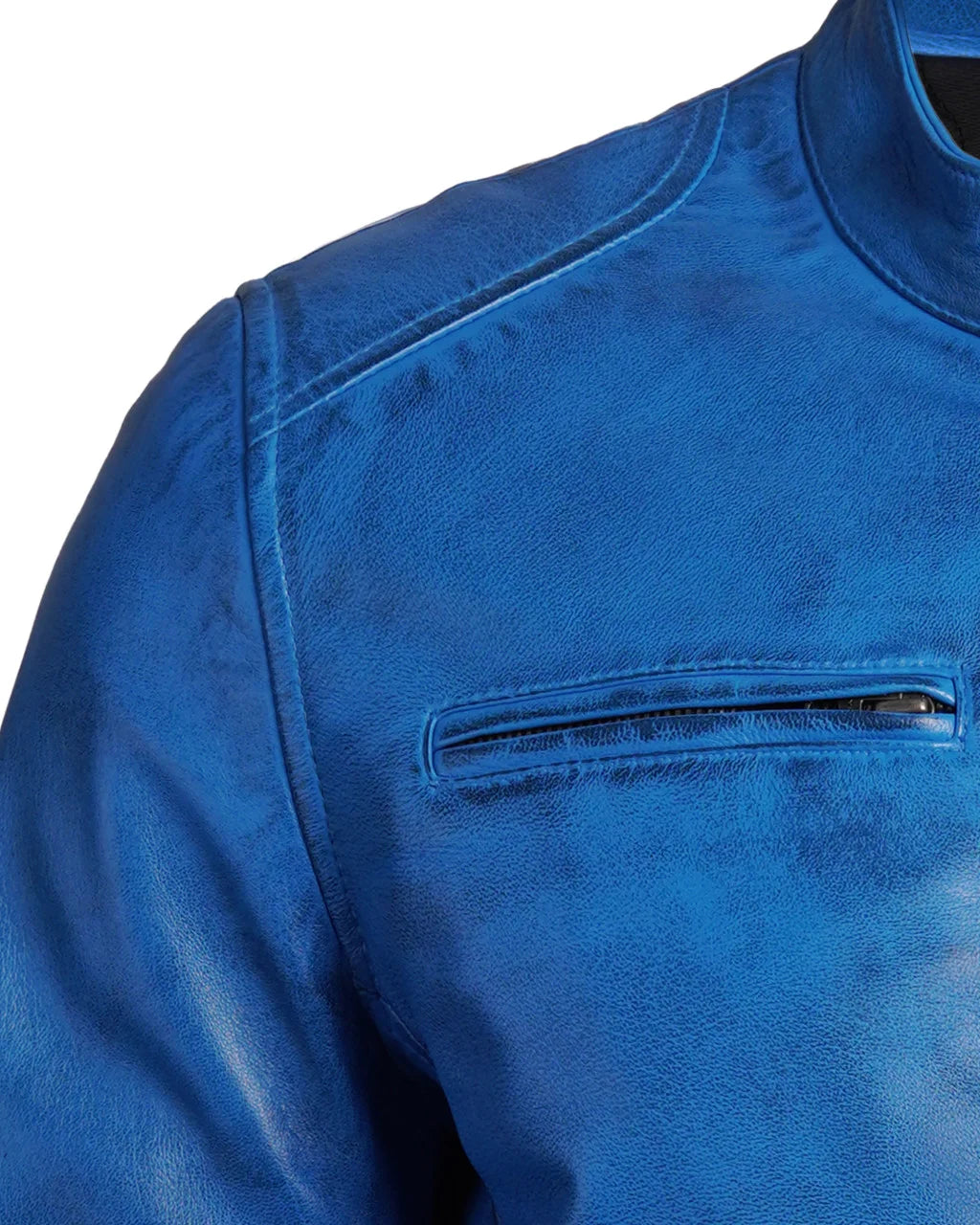 Mens Blue Lambskin Leather Cafe Racer Jacket