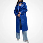 Womens Blue Leather Long Coat With Storm Flap