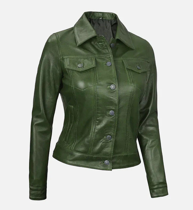 Women Green Leather Trucker Jacket