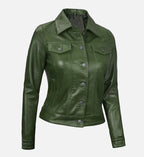 Women Green Leather Trucker Jacket