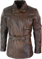 Mens Brown Leather Belted Motorcycle Coat