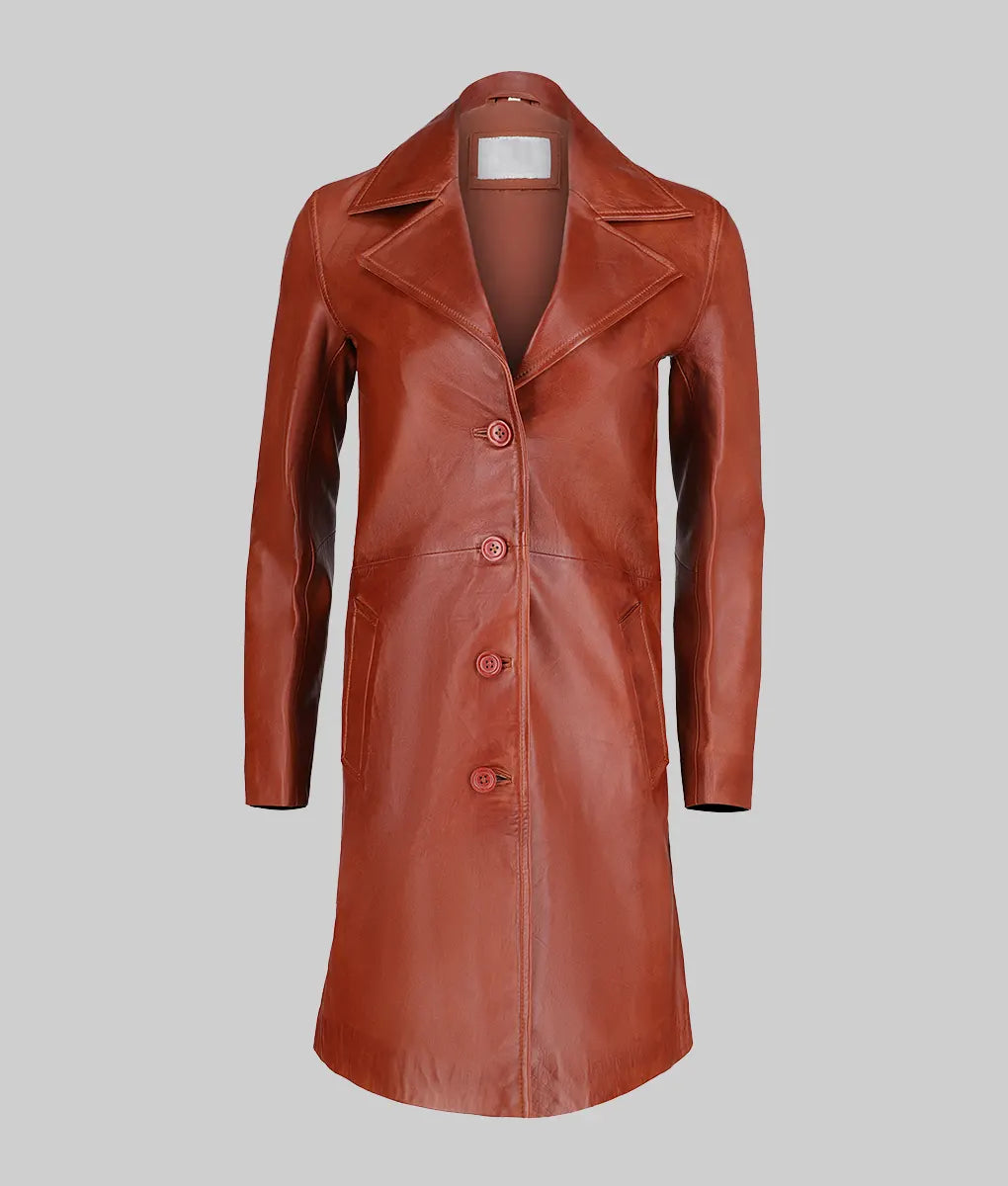 Womens Minimalist Brown Leather Trench Coat