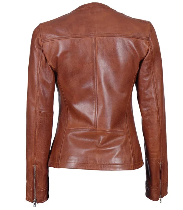 Womens Brown Cafe Racer Leather Jacket – Unique Texture