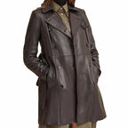 Women Brown Leather Belted Trench Coat