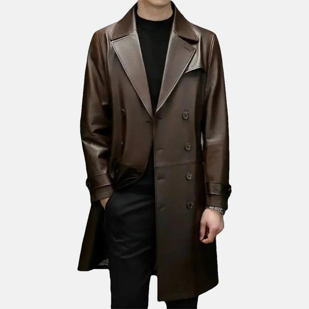 Mens Brown Sheepskin Leather Duster Coat