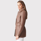 Women Brown Belted Real Leather Coat
