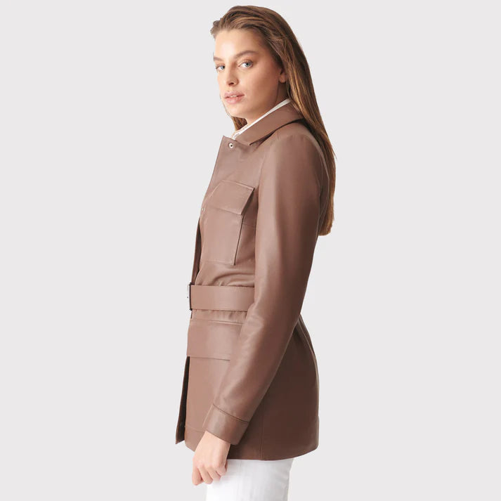 Women Brown Belted Real Leather Coat