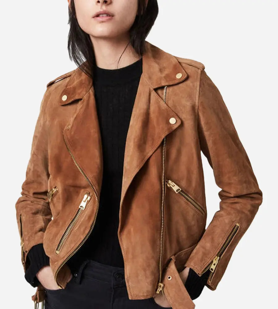 Women Biker Style Brown Suede Leather Jacket