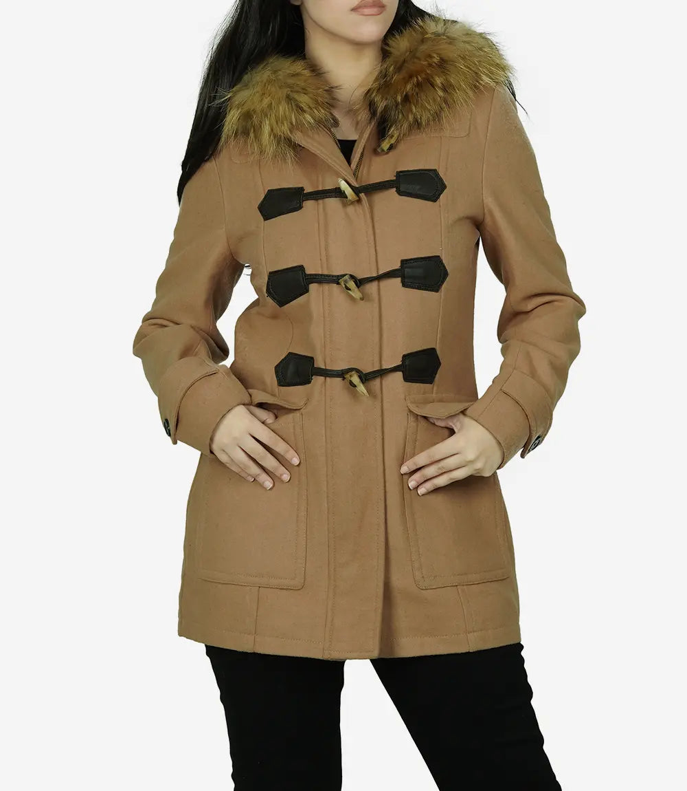 Womens Camel Brown Fur Hooded Wool Duffle Coat