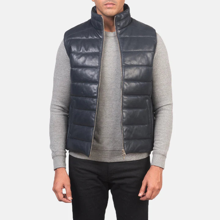 Mens Reeves Blue Leather Puffer Vest