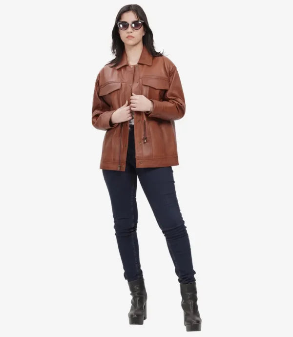 Womens Cognac Oversized Leather Trucker Jacket