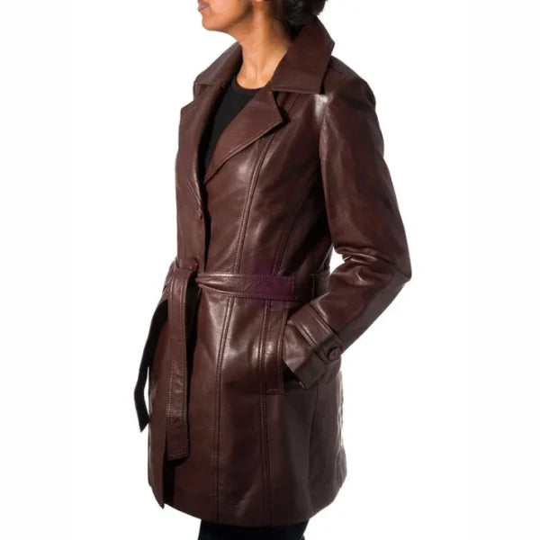 Womens Chocolate Brown Genuine Leather Trench Coat