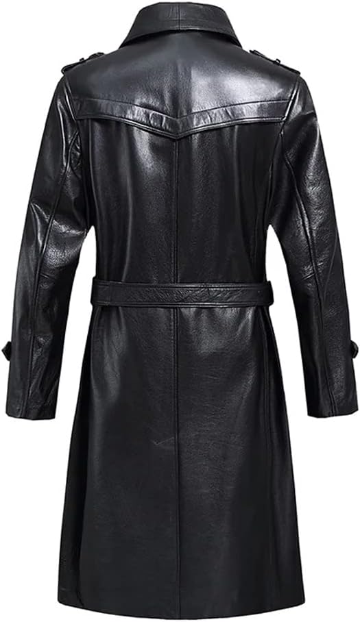 Belted Leather Trench Coat With Gun Flap