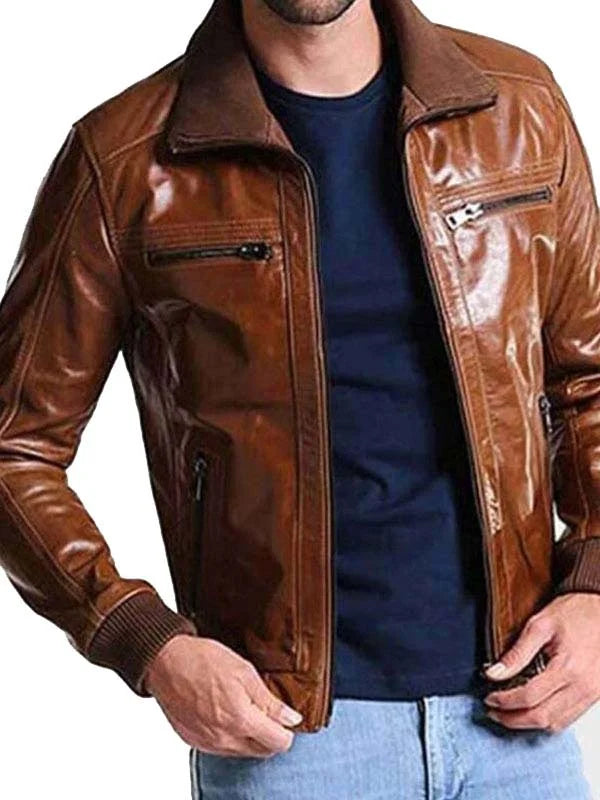 Mens Bomber Shining Brown Leather Jacket