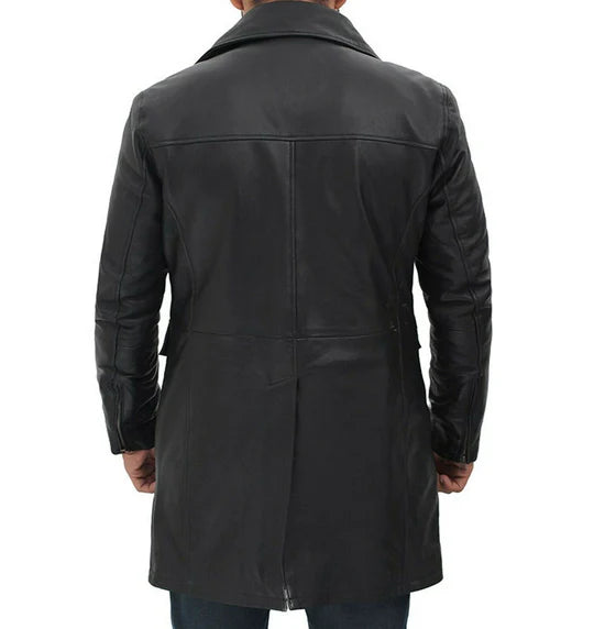 Mens Four Pocket Black Leather Trench Coat