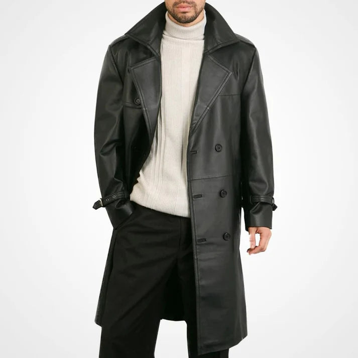 Mens Classic Genuine Leather Trench Coat