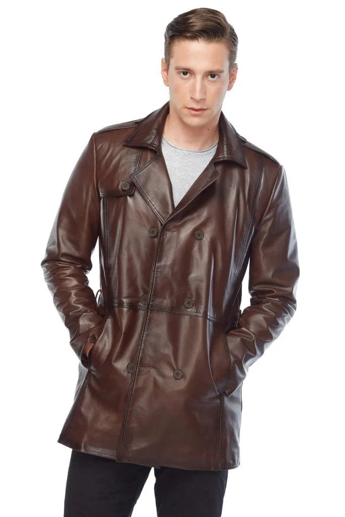 Mens Vintage Brown Leather Trench Coat
