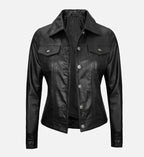 Women Black Trucker Leather Jacket