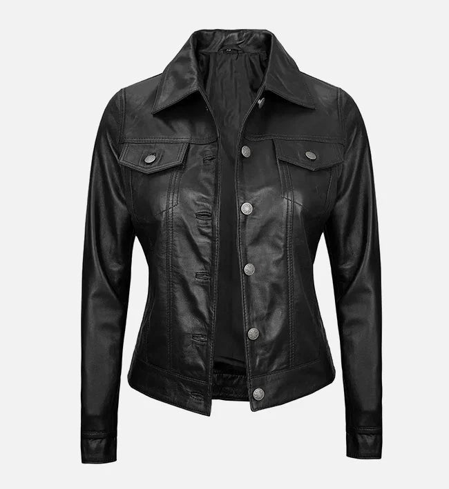 Women Black Trucker Leather Jacket