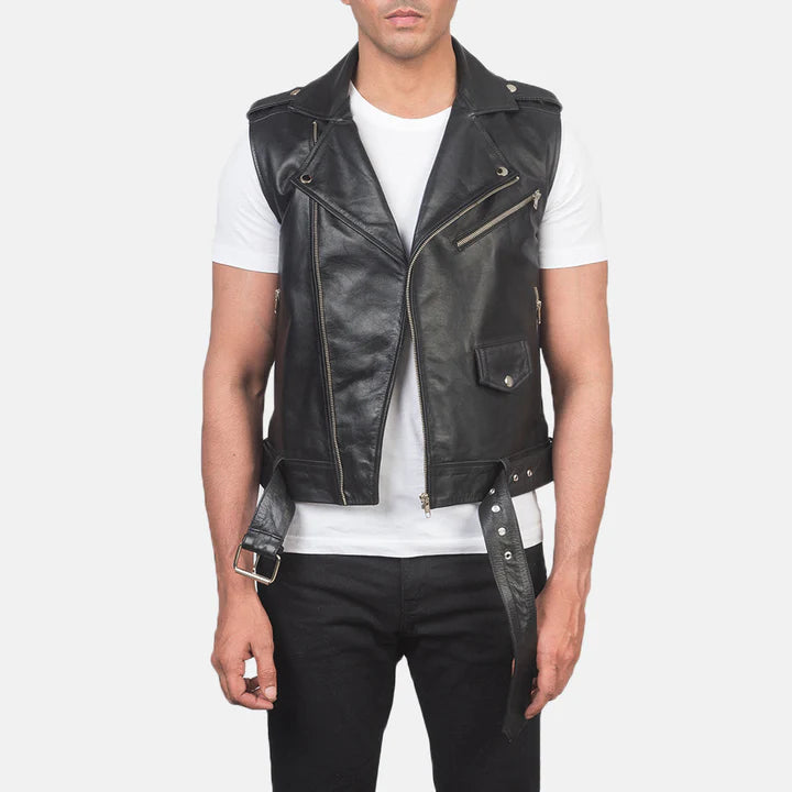 Premium Sullivan Black Leather Biker Vest for Men
