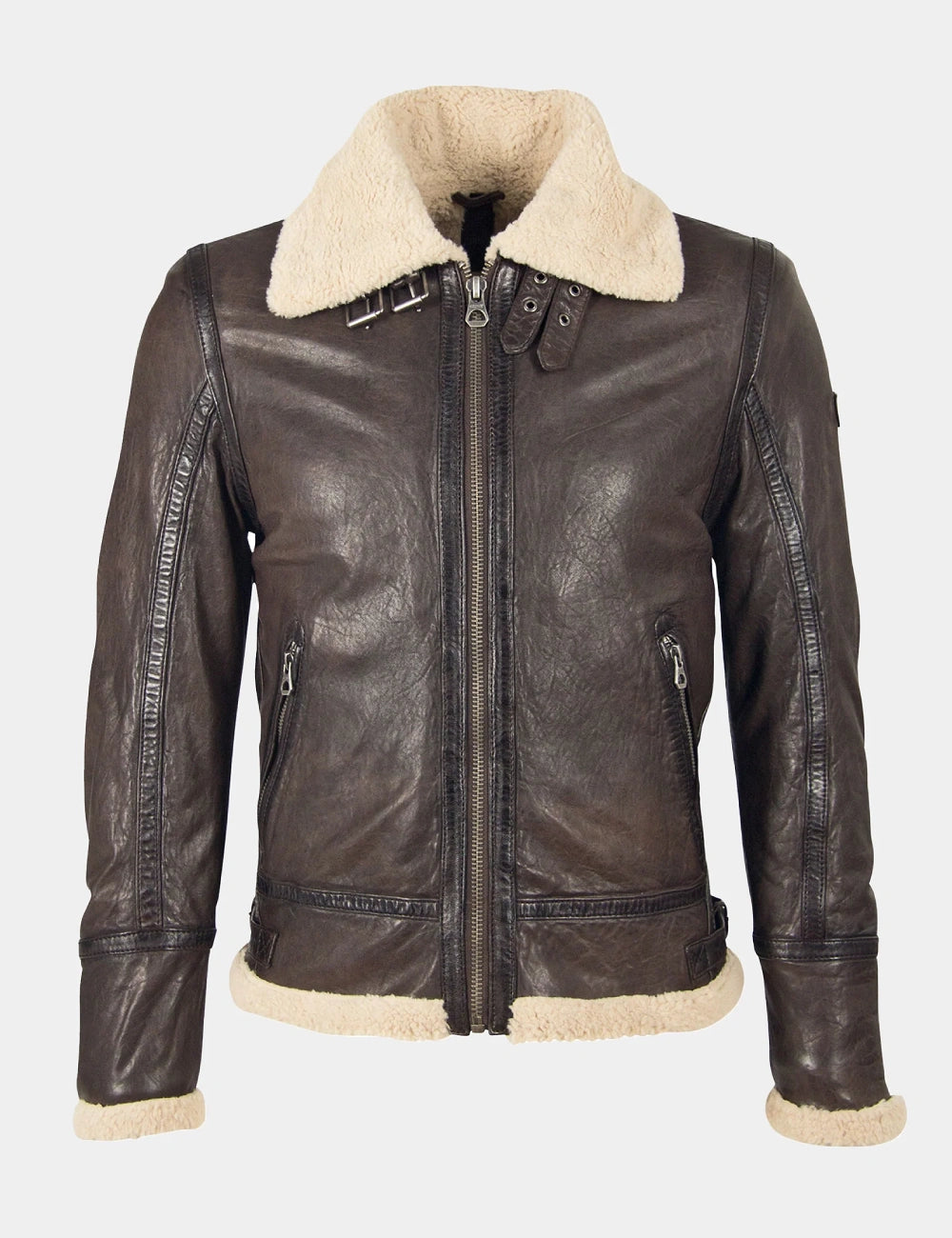 Dark Brown Aviator Leather Jacket with Shearling Collar