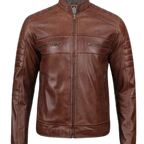 Cognac Brown Cafe Racer Leather Jacket for Men