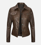 Women Dark Brown Leather Trucker Jacket