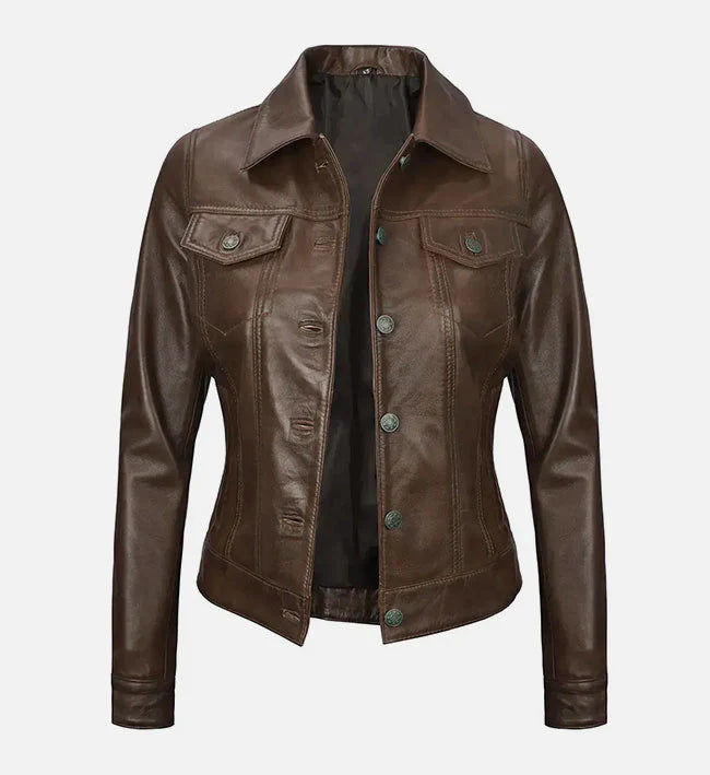 Women Dark Brown Leather Trucker Jacket
