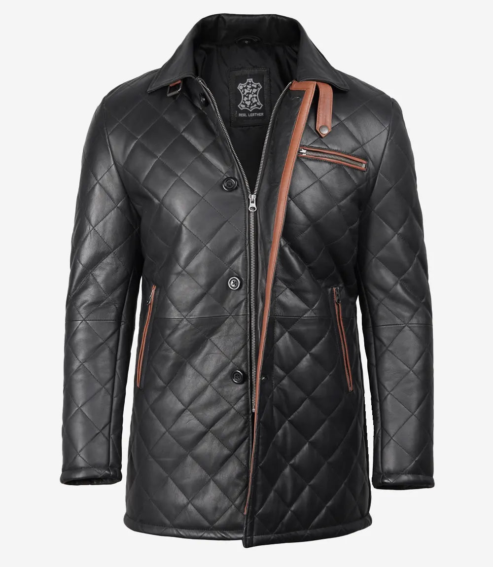 Mens Black Leather Coat - Brown Detailing