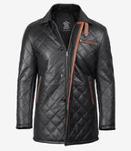 Mens Black Leather Coat - Brown Detailing