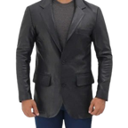 Mens Notch Lapel 2 Buttons Black Lambskin Leather Blazer