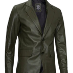 Mens Two Button Olive Green Leather Blazer