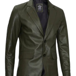 Mens Two Button Olive Green Leather Blazer