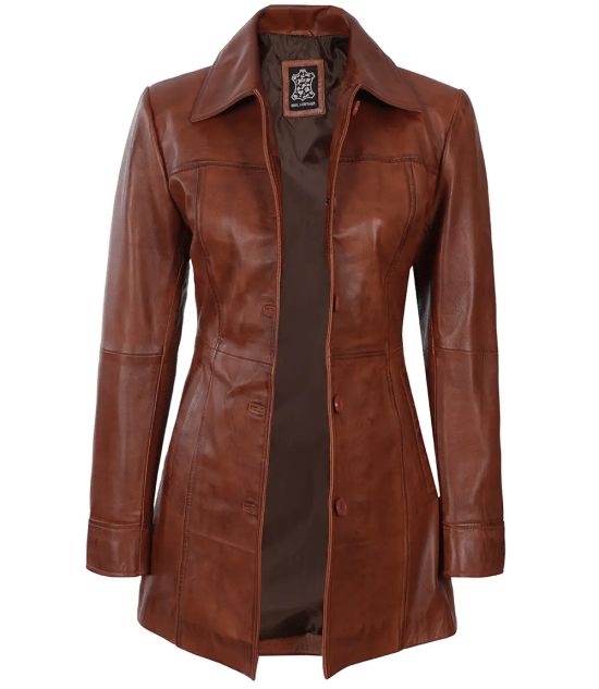 Womens Cognac Brown Leather Car Coat