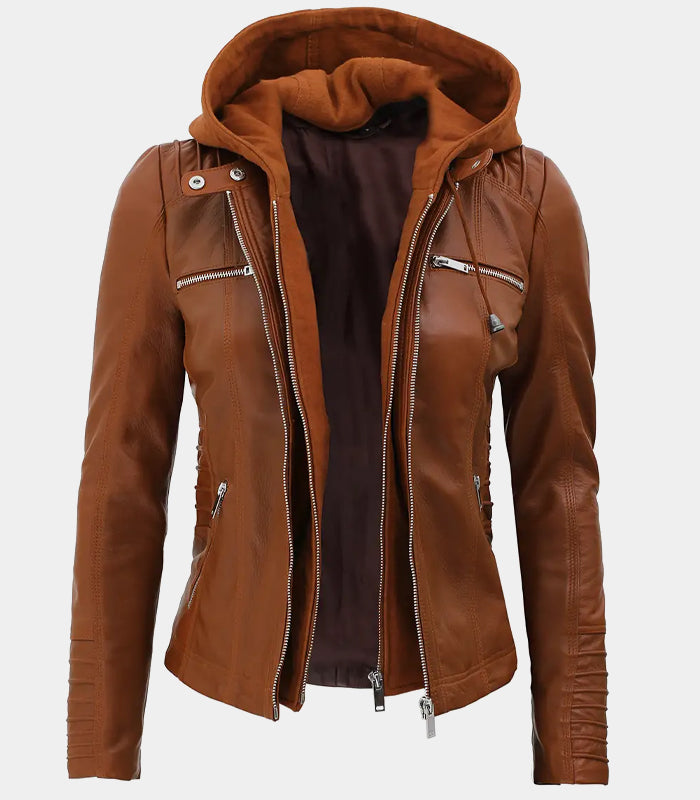 Cognac Brown Womens Leather Jacket With Removable Hood
