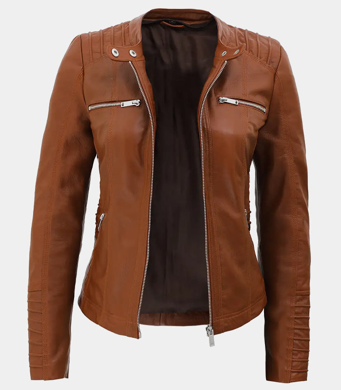 Cognac Brown Womens Leather Jacket With Removable Hood