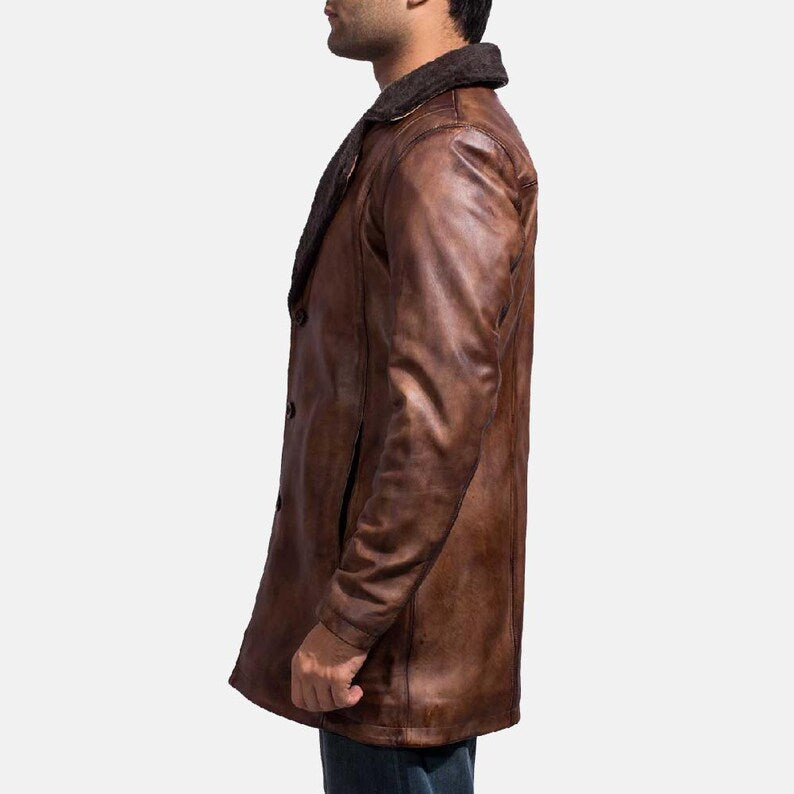 Mens Cognac Shearling Leather Coat - 3/4 Length