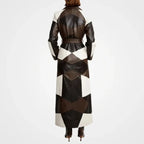 Womens Three Tone Patchwork Leather Coat