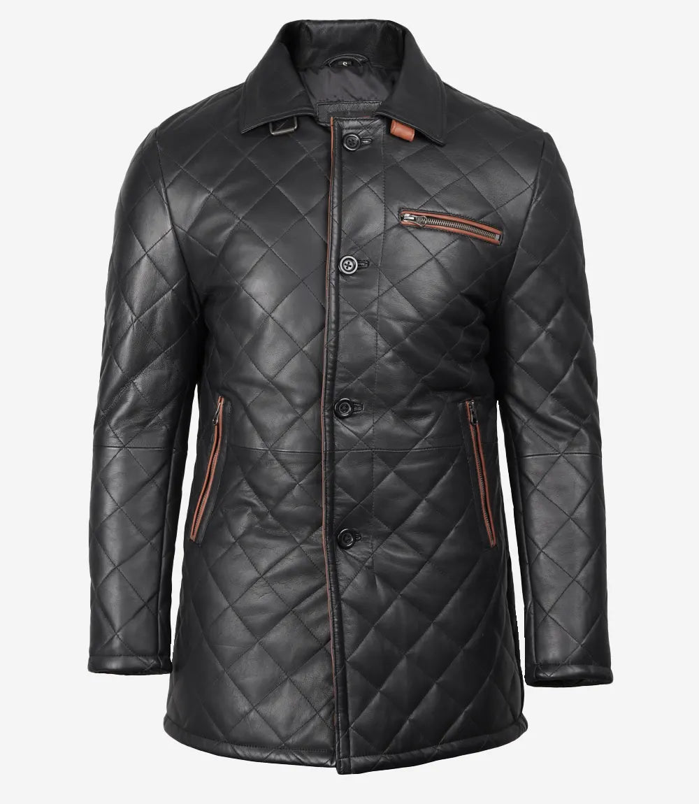 Mens Black Leather Coat - Brown Detailing