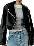 Womens Black Leather Cropped Jacket