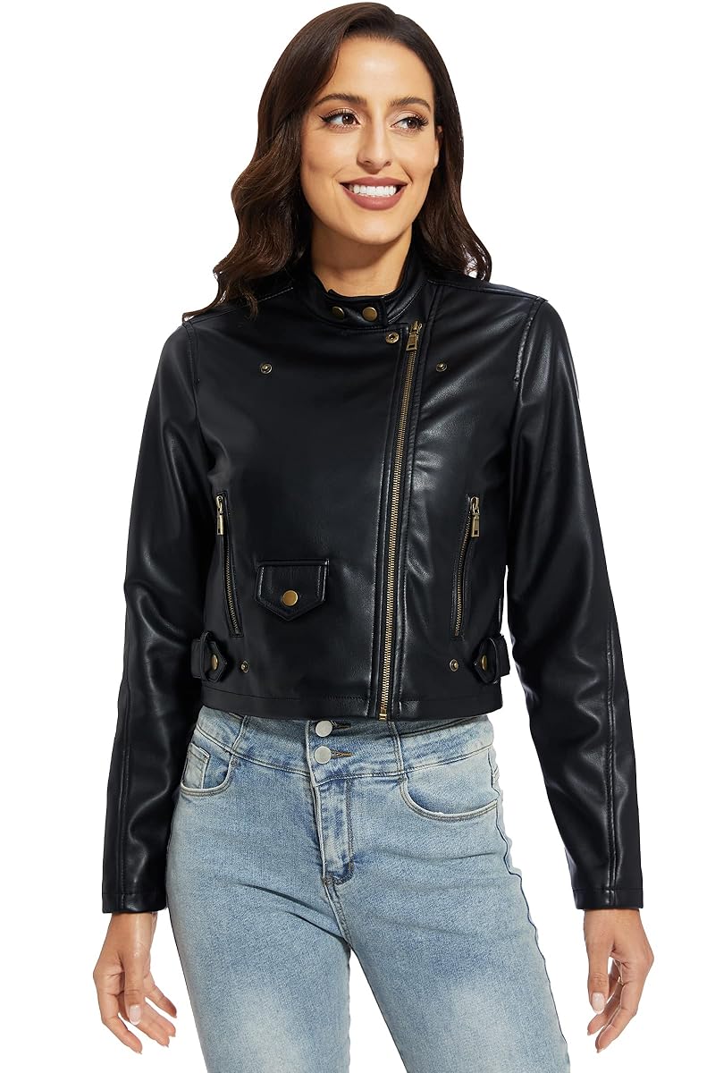 Women Cropped Black Leather Jacket