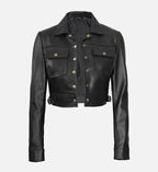 Women Cropped Black Leather Trucker Jacket